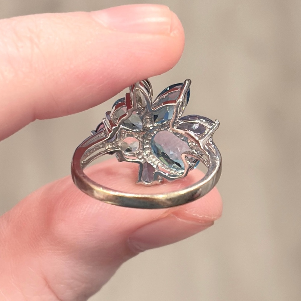 Vintage 10K Blue Topaz Cluster Ring White Gold Abstract Oval Marquis Iolite 6.25 - Picture 14 of 16